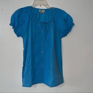VAN HEUSEN Women Button Down Shirt Blue Eyelet Puff Short Sleeve Size SP